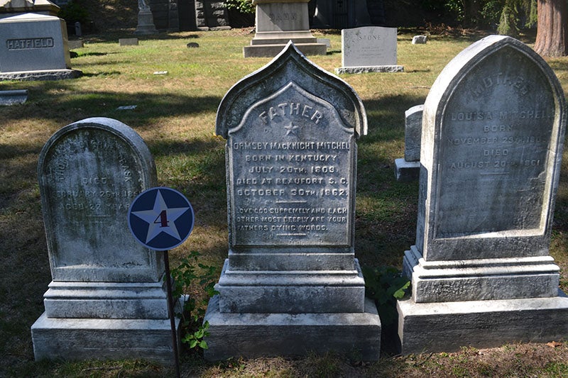 Tombstone of Ormsby MacKnight Mitchel, Green-wood Cemetery, Brooklyn, with birth and death dates (findagrave.com)