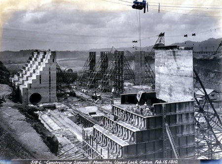 Gatun Locks under construction. Image source: Nichols, Aurin Bugbee, and Tirzah Lamson Nichols. Panama Canal Collection, 1846-1923 (bulk 1906-1914). Photograph Album 2, p. [136].