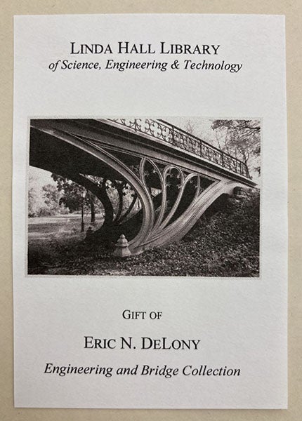 Bookplate for all the books in the Eric N. DeLony Engineering and Bridge Collection at Linda Hall Library, designed by Bruce Bradley, 2014.