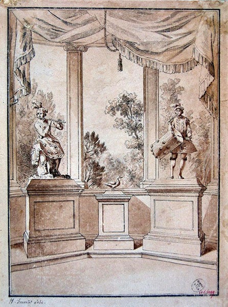 Preparatory design by Hubert-François Gravelot, pen and wash, 1738, for the frontispiece to Le Mécanisme du fluteur automate, by Jacques de Vaucanson, 1738, drawing now in Musée Carnavalet, Paris (Wikimedia commons)