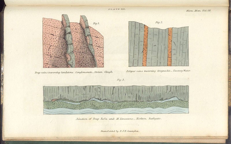 Trap and felspar veins in sandstone and greywacke, hand-colored etching, Essay on the Geology of the Lothians, by Robert J. Hay Cunningham, 1838 (Linda Hall Library)