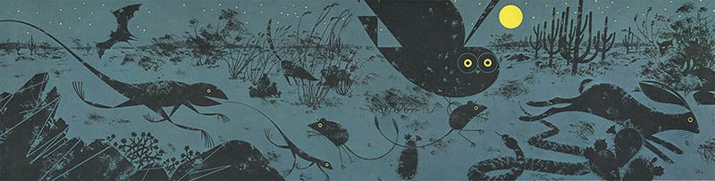 Night in the desert, illustration by Charley Harper, for The Giant Golden Book of Biology, by Gerald Ames and Rose Wyler, 1961 (charleyharperprints.com)