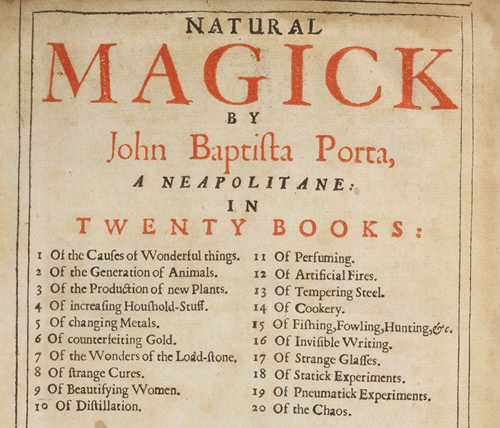 Detail of the letterpress title page with its table of contents, Natural magick, by Giovanni Battista della Porta, 1658 (Linda Hall Library)