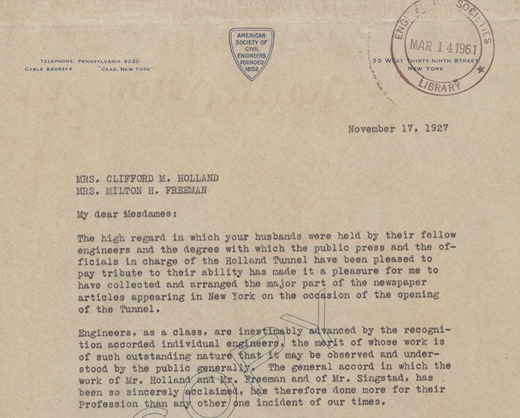 Top portion of letter to Mrs. Holland and Mrs. Freeman, November 17, 1927, in the scrapbook presented to the two widows by the American Society of Civil Engineers (Linda Hall Library)
