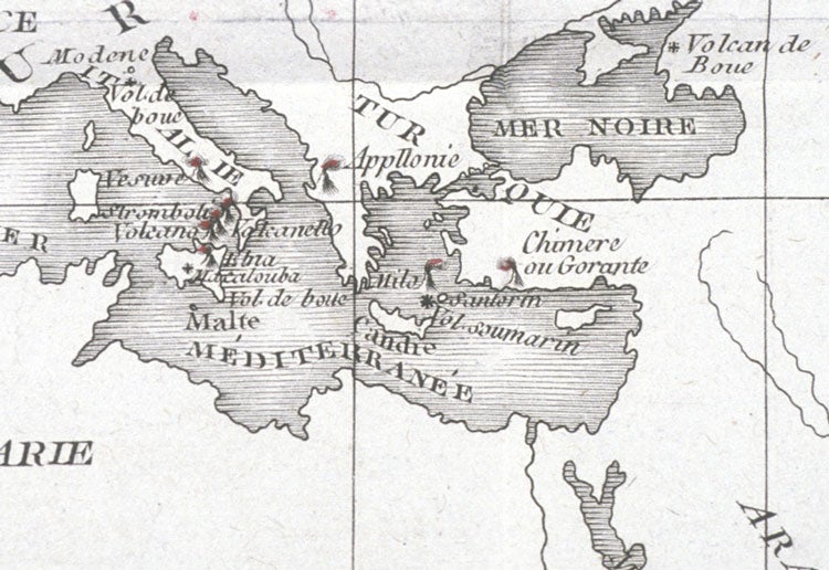 Volcanic map of the Mediterranean. Image source: Ordinaire, Nicolas. Histoire naturelle des volcans: comprenant les volcans soumarins, ceux de boue, et autres phénomènes analogues. Paris: Chez Levrault frères, 1802, pl. 1.