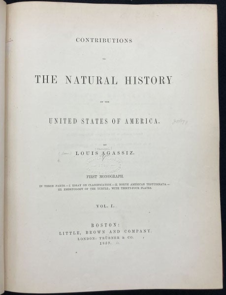 Title page, Contributions to the Natural History of the United States of America, by Louis Agassiz, vol. 1, 1857 (Linda Hall Libay)