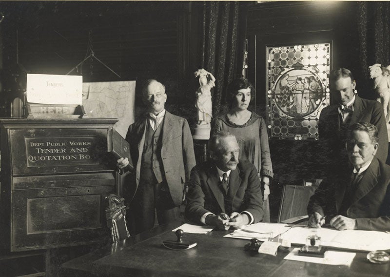 Kathleen Butler at the opening of tenders in Sydney, Jan. 16, 1924; John Bradfield is standing at left, photograph, Museums of History, Sydney (heritage.engineersaustralia.org.au)
