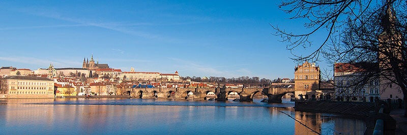Another modern view of Charles Bridge, with St. Vitus Cathedral and Prague Castle on the hill at left.