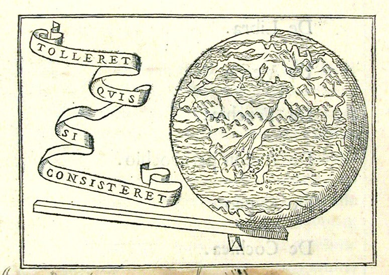 Woodcut vignette illustrating a statement attributed to Archimedes: “Give me a place to stand, and I will move the Earth,” Mechanicorum liber, by Guidobaldo Del Monte, 1577 (Linda Hall Library)