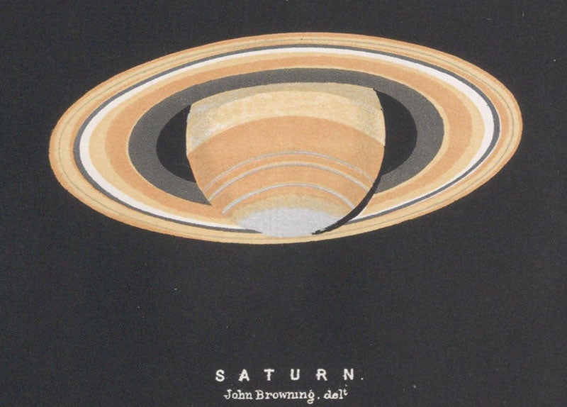 Drawing of Saturn and its ring, by John Browning, hand-colored lithograph in Other Worlds than Ours, by Richard A. Proctor, fifth London ed., 1882 (Linda Hall Library)
