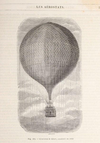 <i>Le Géant</i> in flight in 1863, wood engraving in Louis Figuier, <i>Les merveilles de la science</i>, vol. 2, 1867 (Linda Hall Library)