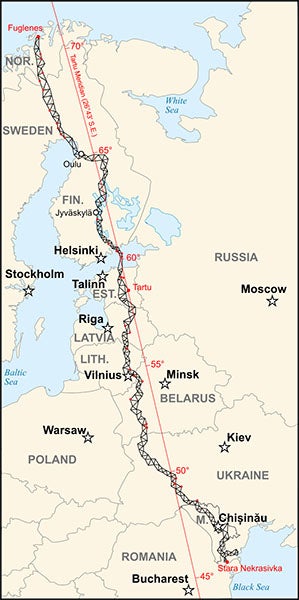 Modern map of the triangles that made up the complete Struve Geodetic Arc (Wikimedia commons)