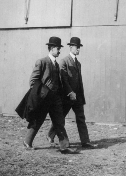 The Wright Brothers walking, Orville at the left, at the International Aviation Tournament, Belmont Park, Long Island, N.Y., Oct. 1910, Library of Congress (loc.gov)