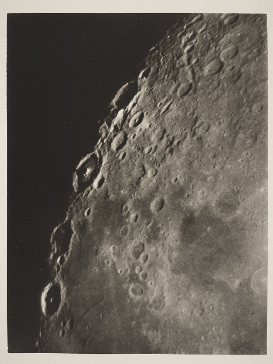 This plate is probably the most eye-catching of the series. The photograph, taken July 26,1896, shows the terminator on four large eastern craters: Langrenus, Vendelinus, Petavius, and Furnerius (bottom to top). The Rheita valley can also be seen to the right of Furnerius. The photograph may be compared to the drawing made by Mayer in 1749, with the terminator in virtually the same position (see item 25.) 