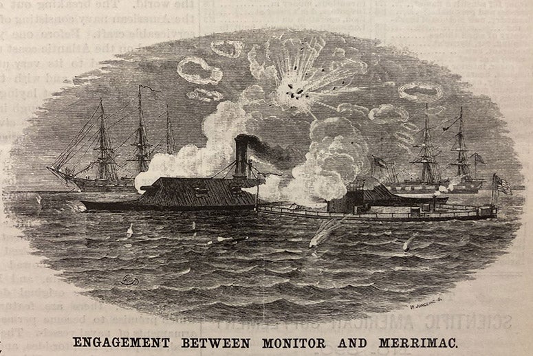 Battle of the USS Monitor and the CSS Merrimac (Virginia), 1862, wood engraving, Scientific American, vol. 60(12), p. 175, Mar. 23, 1889 (The Linda Hall)