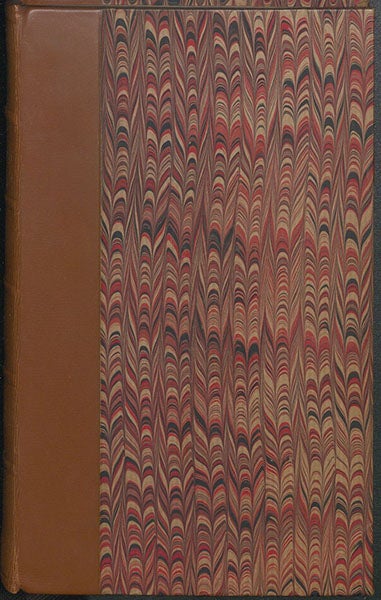 Handsome marbled front board of the Library’s copy of Travels into North America, by Peter Kalm, transl. by Johann Reinhold Forster, vol. 1, 1770 (Linda Hall Library)