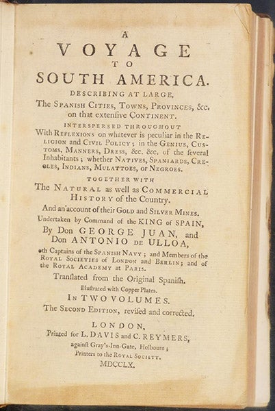 Title page, A Voyage to South America, by Jorge Juan y Santacilia and Antonio de Ulloa, 2nd Engl. ed., 1760 (Linda Hall Library)
