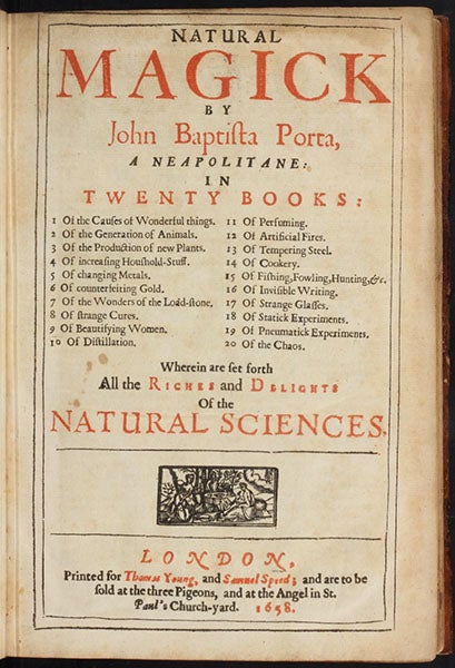 Letterpress title page with a table of contents, Natural magick, by Giovanni Battista della Porta, 1658 (Linda Hall Library)