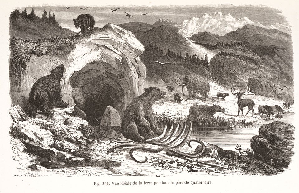 View of the earth during the quaternary period. Image source: Figuier, Louis. La terre avant le deluge. Paris: Libraire de L. Hachette, 1863, p. 323, fig. 303.