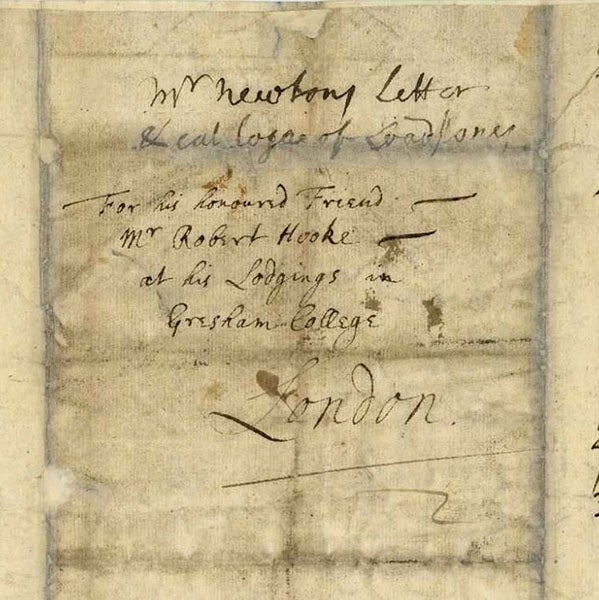 Address from Isaac Newton to Robert Hooke, Feb. 5, 1675/76, on verso of letter, Historical Society of Pennsylvania (digitallibrary.hsp.org)