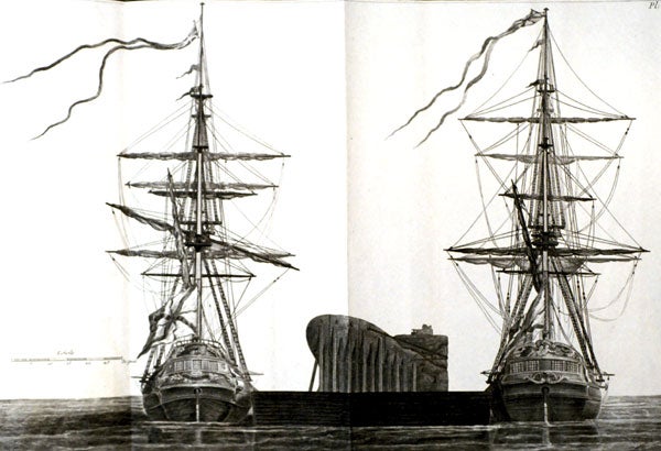 Moving the enormous pedestal on a barge. Image source: Charboures, Marinos, komis. Monument élevé a la gloire de Pierre-le-Grand. Paris: Nyon ainé, libraire; Stoupe, imprimeur-libraire, 1777, pl. 8.