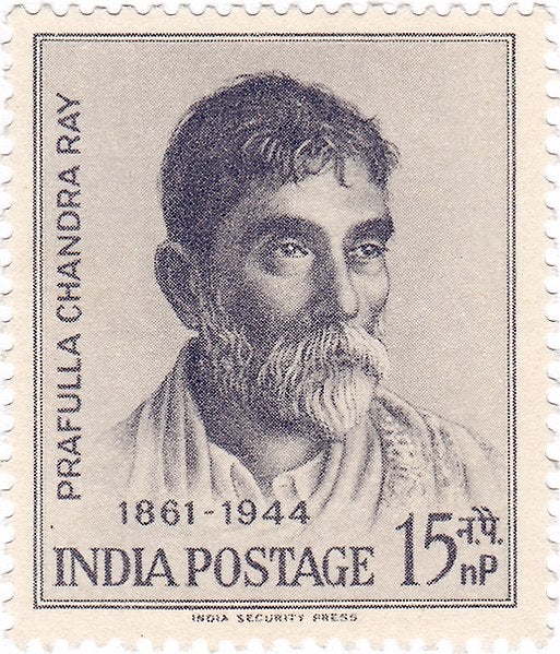 Postage stamp honoring Prafulla Chandra Ray on the 100th anniversary of his birth, India Post, 1961 (Wikimedia commons)