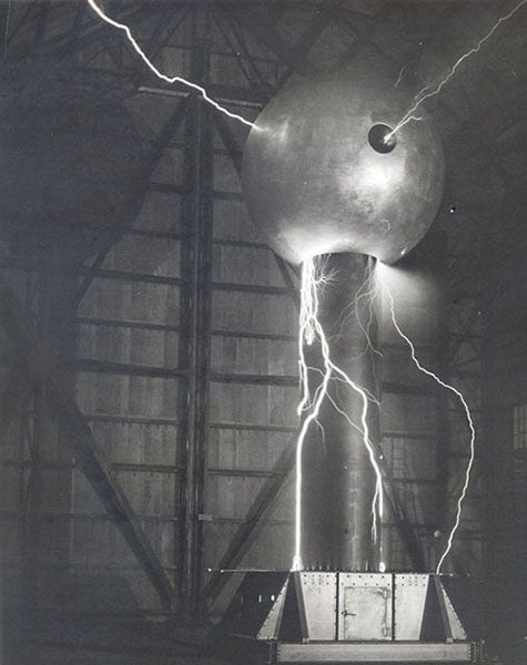 Van de Graaff generator in operation at Round Hill, Mass.,  1933 (MIT Libraries)