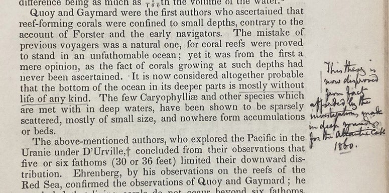 Annotated text on the subject of whether there is life in the deep ocean, On Coral Reefs and Islands, by James Dwight Dana, p. 63, 1853 (Linda Hall Library)