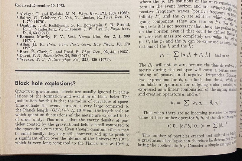 Detail of first page of "Black hole explosions?", by Stephen W. Hawking, Nature, vol. 248, Mar. 1, 1974, p. 30 (Linda Hall Library)