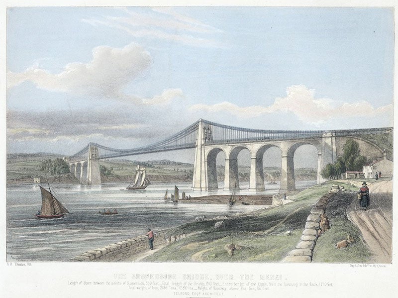 View of the Menai Suspension Bridge, opened on Jan. 30, 1826, tinted lithograph, 1840, National Library of Wales (Wikimedia commons)