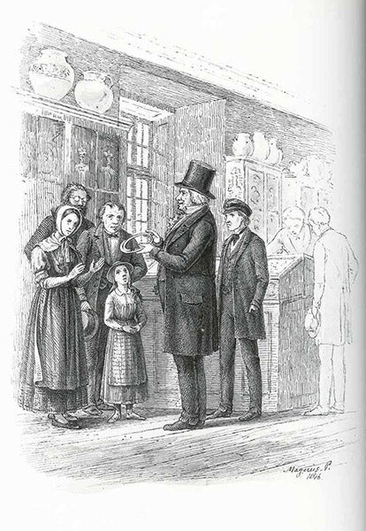 Christian Thomsen showing visitors around the Museum of Nordic Antiquties, woodcut print, 1846 (Wikimedia commons)