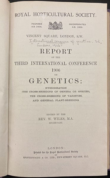 Title page, Report of the Third International Conference on Genetics, 1906; 1907 (Linda Hall Library)