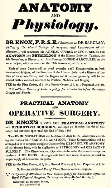 Handbill advertising Robert Knox’s extramural anatomy courses for 1828 (Wikimedia commons)