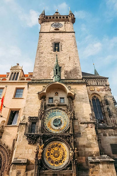 Clock Tower with Astronomical Clock at the bottom and conventional clock at the top, Old Town Square, Prague, Czech Republic, recent photograph (amazingczechia.com)