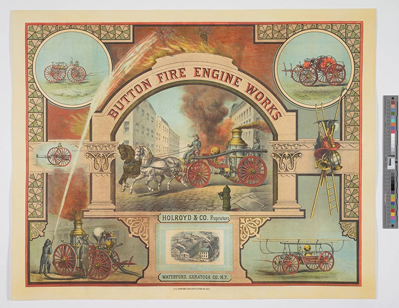Poster advertising the Button Fire Engine Works, showing both hand pumpers and steam pumpers, chromolithograph, ca 1885, Huntington Digital Library (hdl.huntington.org)