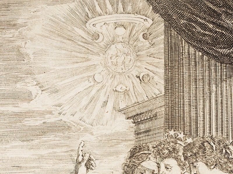 The Copernican heliocentric system (or is it the Medici crest?), detail of frontispiece to Galileo’s Opere (fourth image), top, 1656 (Linda Hall Library)
