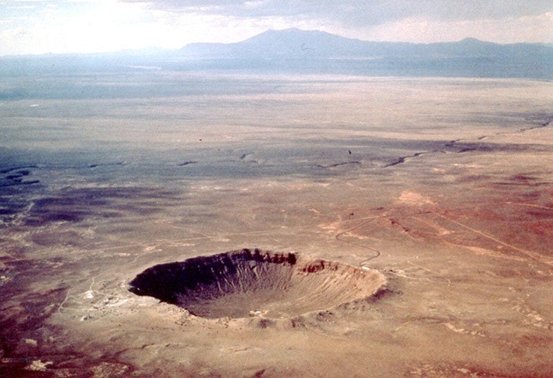 Meteor Crater (or Barringer Crater) in Arizona, which Eugene Shoemaker confirmed was an impact crater, and where he trained future Apollo astronauts, undated photograph (usgs.gov)