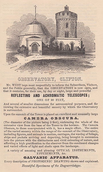 Flyer advertising the camera obscura in Clifton Observatory, Bristol, and mentioning “Mr. [William] West” by name (Wikimedia commons)