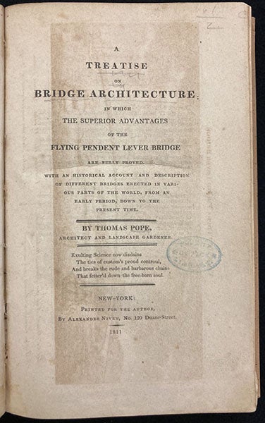 Title page of A Treatise on Bridge Architecture, by Thomas Pope, 1811, copy 2, donated by Eric DeLony to the Linda Hall Library, 2012 (Linda Hall Library)