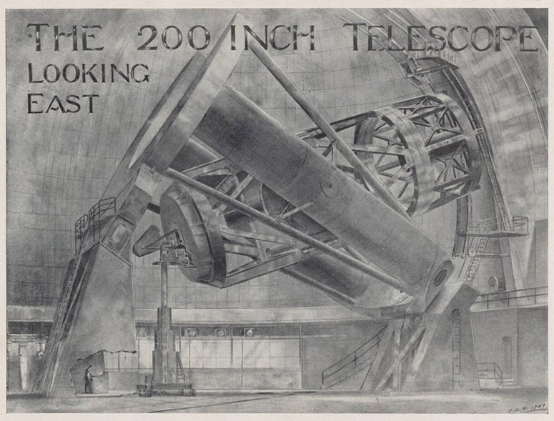 The 200-inch telescope at Mount Palomar, looking east, drawing by Russell W. Porter, in James Fassero and Russell W. Porter, <i>Photographic Giants of Palomar</i>, 1947 (Linda Hall Library)