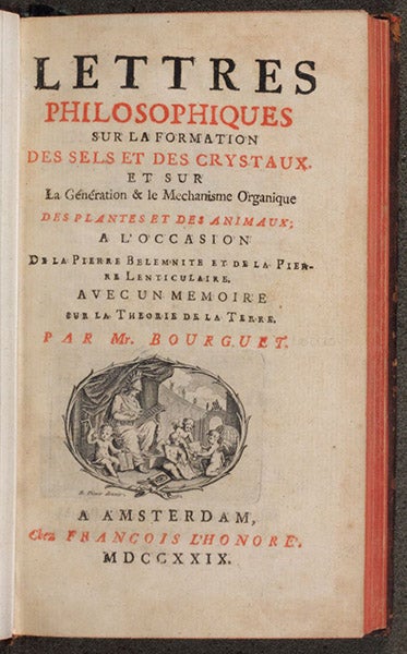 Title page, Lettres philosophiques … avec un mémoire sur la théorie de la terre, by Louis Bourguet, 1729 (Linda Hall Library)