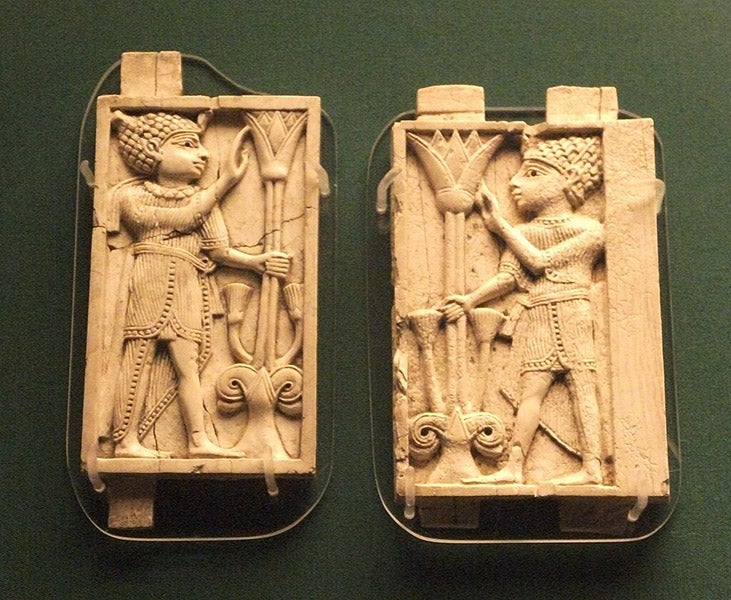 Two Nimrud ivories found by Max Mallowan at Mosul, 1954, British Museum (Wikimedia commons)