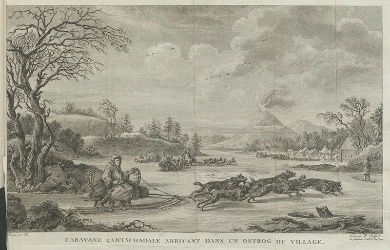 De Lesseps in a dogsled on Kamchatka peninsula, folding engraved plate, from Barthélemy de Lesseps, Journal historique du voyage, vol. 1, 1790 (Linda Hall Library)