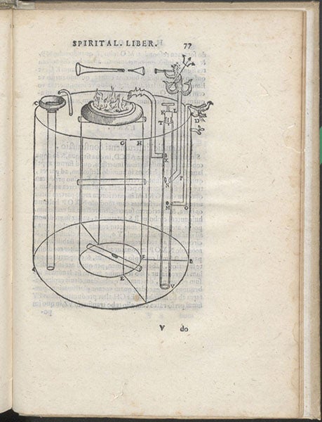  A singing bird and a pipe-playing satyr, powered by heated air, woodcut, Heronis Alexandrini Spiritalium liber, ed. by Federico Commandino, 1575 (Linda Hall Library)