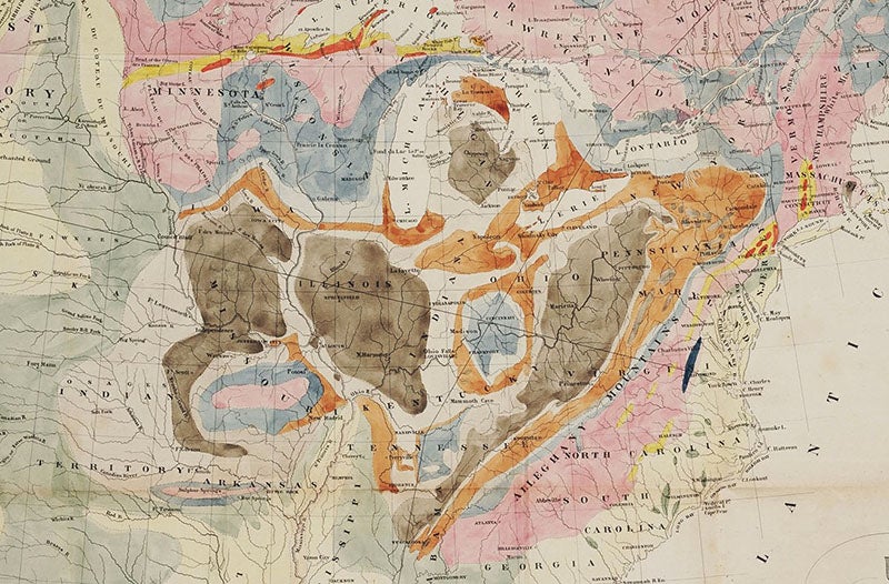 Detail of a geological map of the United States, hand-colored engraved frontispiece, Jules Marcou, <i>A Geological Map of the United States of America</i>, 1853 (Linda Hall Library)