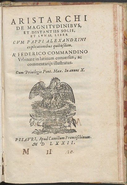 Title page, Aristarchi De magnitvdinibvs et distantiis solis et lvnae liber, ed. by Federico Commandino, 1572 (Linda Hall Library)