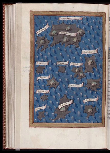 “On the island of Bandan, containing twelve islands, where grow mace and nutmeg,” watercolor in Relazione del primo viaggio intorno al mondo, by Antonio Pigafetta, French translation, Beinecke MS 351, fol. 88 verso (collections.library.yale.edu)