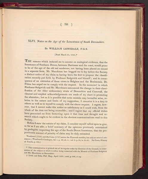 First page of William Lonsdale article, "Notes on the age of limestone of South Devonshire,” Transactions of the Geological Society of London, 1840 (Linda Hall Library)