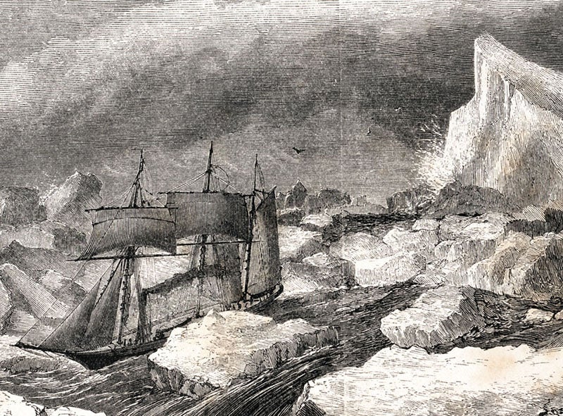 “The ‘Fox’ steaming out of the rolling pack,” detail of wood-engraved frontispiece, Francis Leopold McClintock, The Voyage of the ‘Fox’, 1859 (Linda Hall Library)