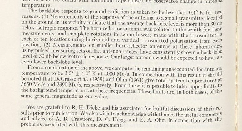 Detail of second page of Wilson and Penzias paper, where the 3.5 degree measurement is announced, and thanks is given to the Robert Dicke group at Princeton, Astrophysical Journal, vol. 142, 1965 (Linda Hall Library)